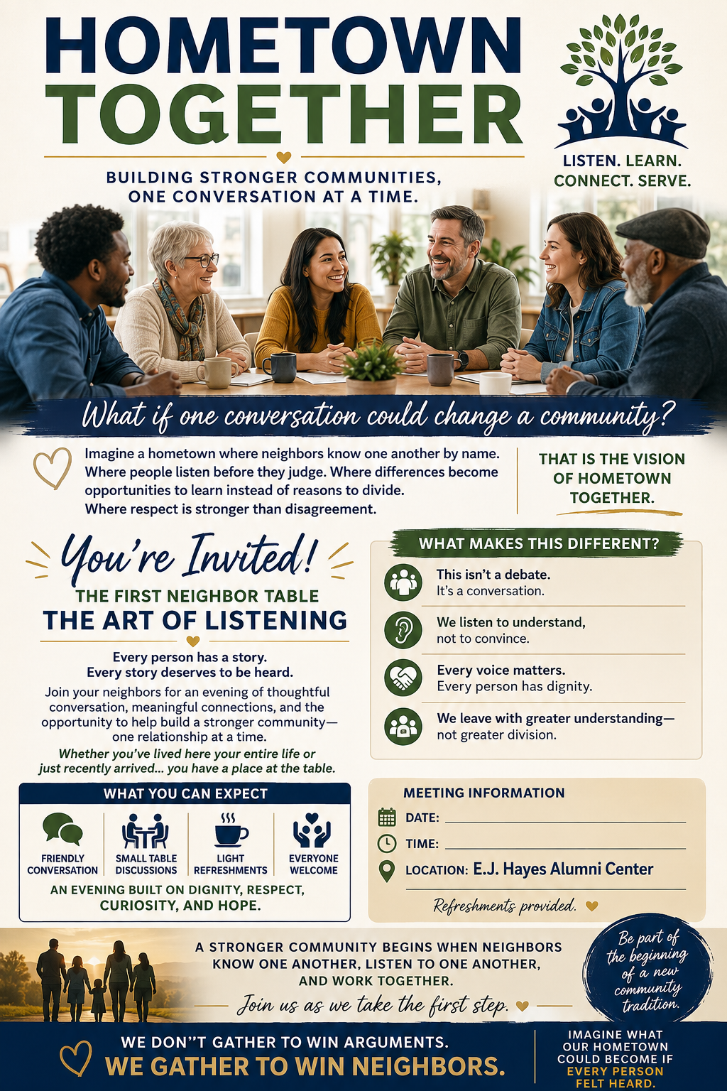 A diverse group of neighbors talking together around a table